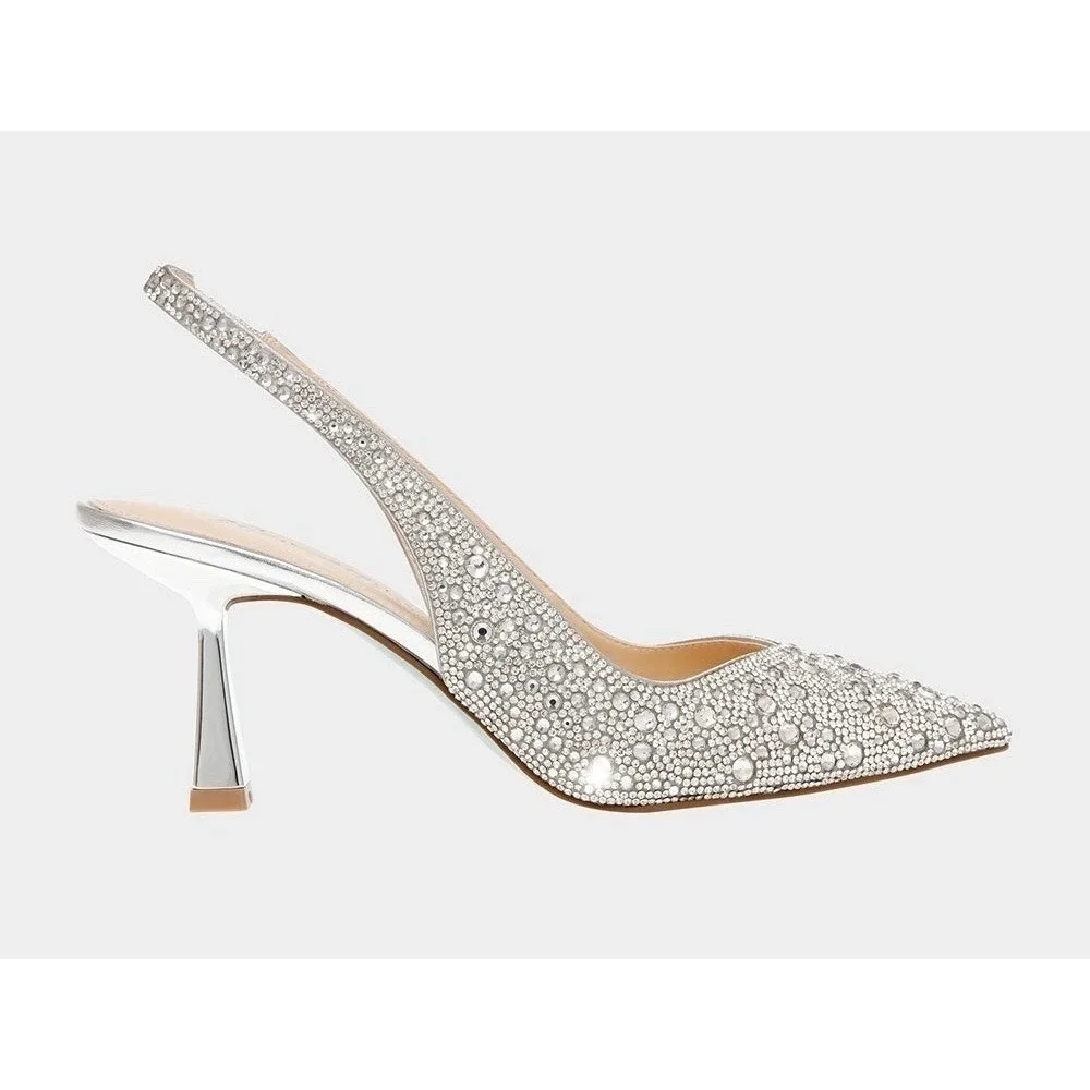 NWOT Mucccute Silver Rhinestone Slingback Pointed‎ Toe Sculptural Heel  Gala 7.5